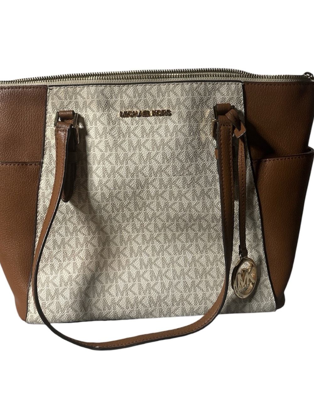 Michael Kors Brown and Cream Logo Tote with Gold Hardware